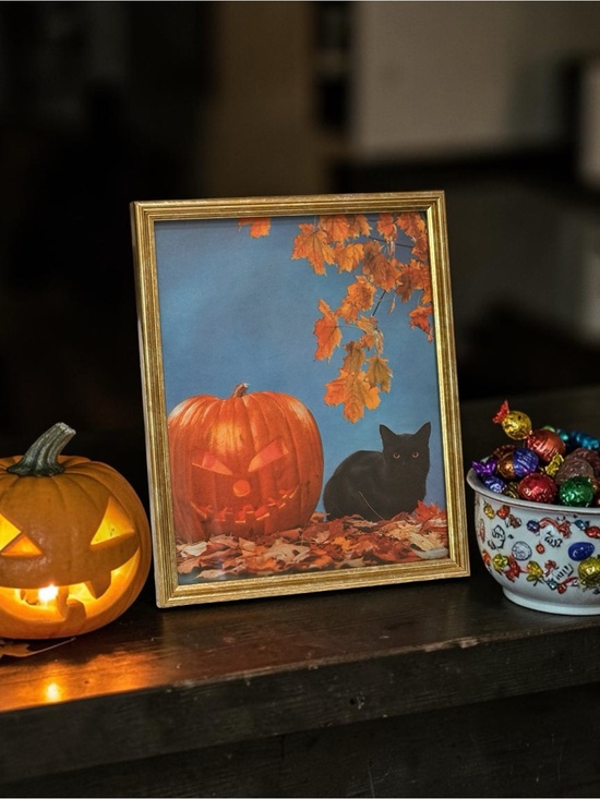 Vintage Other - Vintage Gold Framed Autumn Pumpkin & Black Cat